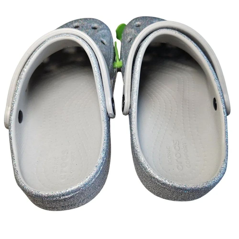 CROCS Baya Clogs Shoes Youth J2 Silver Glitter Sandals Slip-ons Slides NEW